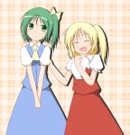  ^_^ ascot blonde_hair closed_eyes daiyousei dress_shirt edamame_(barium) eyes_closed fang flandre_scarlet green_eyes green_hair hair_ribbon hat hat_on_chest hat_removed headwear_removed multiple_girls no_wings open_mouth ribbon shirt side_ponytail skirt skirt_set smile touhou 