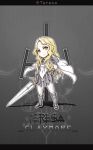  armor bad_id blonde_hair cape character_name chibi claymore claymore_(sword) flowinger highres letterboxed long_hair solo sword teresa title_drop weapon yellow_eyes 