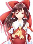  ascot bad_id black_hair bow bust detached_sleeves dress hair_bow hair_tubes hakurei_reimu long_hair miko red_dress red_eyes solo touhou yutazou 