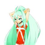  arms_up green_eyes green_hair highres inazuma_eleven inazuma_eleven_(series) inazuma_eleven_go inazuma_eleven_go_chrono_stone long_hair mantle_(inazuma_eleven) soccer_uniform tenmas very_long_hair white_background 