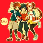  2boys bag black_hair black_legwear blue_eyes blush brown_eyes brown_hair conoha double_bun female_protagonist_(pokemon_bw2) fingerless_gloves gloves green_eyes holding holding_poke_ball hue_(pokemon) jacket kyouhei_(pokemon) leggings locked_arms long_hair looking_at_viewer male_protagonist_(pokemon_bw2) mei_(pokemon) messenger_bag multiple_boys pantyhose poke_ball pokemon pokemon_(game) pokemon_bw2 raglan_sleeves red_background ribbon rival_(pokemon_bw2) satchel shoes short_hair shoulder_bag simple_background smile sneakers spiked_hair spiky_hair title_drop twintails v visor visor_cap wink 