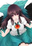  bow breasts brown_hair hair_bobbles hair_bow hair_ornament inu3 long_hair open_mouth red_eyes reiuji_utsuho skirt smile solo third_eye touhou wings 