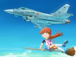  airplane blue_eyes broom broom_riding brown_hair commentary_request copyright_request denim denim_shorts digital_media_player ef_typhoon fighter_jet inui_(jt1116) inui_(pixiv) jet long_hair open_mouth ponytail shoes shorts sidesaddle socks white_legwear 