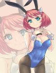  1girl animal_ears bowtie breasts bunny_tail bunnysuit cleavage detached_collar green_eyes hiraki_ajino horns original pantyhose rabbit_ears redhead short_hair tail wrist_cuffs zoom_layer 