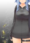  blue_hair breasts collarbone cross gradient gradient_background head_out_of_frame hoodie military military_vehicle original panzerkampfwagen_iii payot shell_casing sleeves_past_wrists solo sweater_dress tank taut_shirt thigh_strap touko vehicle 