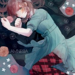  amnesia_(idea_factory) blue_dress braid brown_hair dress flower green_eyes heroine_(amnesia) midorimushi on_side pantyhose pink_rose plaid plaid_legwear red_rose rose short_hair solo title_drop 