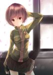  absurdres arm_up blush brown_eyes brown_hair fal_maro hand_behind_head highres looking_at_viewer persona persona_4 satonaka_chie short_hair skirt solo standing track_jacket window 