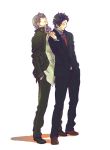  adachi_tooru age_difference artist_request baggy_clothes black_eyes black_hair formal grey_hair gun hand_in_pocket hands_in_pockets jacket looking_away male multiple_boys narukami_yuu necktie pants persona persona_4 school_uniform shoes short_hair smile standing suit weapon 