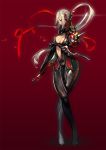  armor blade_&amp;_soul bodysuit breast_hold breasts center_opening cleavage crossed_legs_(standing) highres hips hyung_tae_kim long_hair pauldrons petals ponytail ribbon silver_hair sketch solo sword unfinished weapon wide_hips yellow_eyes 