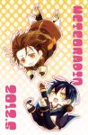  2boys alvin_(tales_of_xillia) bberry black_hair blush boots brown_eyes brown_hair chibi coat cravat gloves jude_mathis male multiple_boys no_nose pants polka_dot polka_dot_background tales_of_(series) tales_of_xillia yellow_background yellow_eyes 
