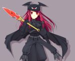  alternate_color alternate_hair_color black_gloves blazblue breasts cape gloves hair_tubes hat hoshi_(ho4_no) long_hair red_eyes red_hair redhead short_sword simple_background solo sword taut_shirt tsubaki_yayoi weapon winged_hat 
