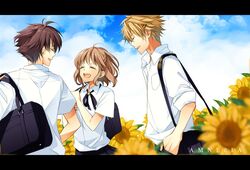  2boys amnesia_(idea_factory) bag black_hair blonde_hair brown_hair closed_eyes eyes_closed flower heroine_(amnesia) icylove letterboxed multiple_boys school_uniform shin_(amnesia) shirt short_hair sky smile sunflower title_drop toma_(amnesia) 