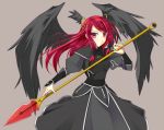  alternate_color alternate_costume alternate_hair_color armor black_wings blazblue breastplate breasts dress hair_tubes head_wings hoshi_(ho4_no) long_hair polearm red_eyes red_hair redhead simple_background spear translucent tsubaki_yayoi weapon wings 