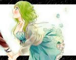  bangs blue_dress blush bolero bracelet braid cropped_jacket dress frills green_eyes green_hair gumi hair_ornament hand_holding hand_on_own_chest highres holding_hands jewelry letterboxed nail_polish nemutagari open_mouth profile puzzle_piece short_hair vocaloid wavy_hair white_background 