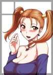  bare_shoulders blush breasts cleavage dragon_quest dragon_quest_viii female jessica_albert jewelry looking_at_viewer necklace open_mouth orange_eyes orange_hair solo st.germain-sal twintails 
