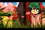  :&lt; animal_ears arm_up arms_behind_back bad_id blouse blurry blush bush cherry_blossoms depth_of_field dress frown grass green_eyes green_hair grey_hair hiding kasodani_kyouko kneehighs letterboxed long_sleeves looking_at_another looking_away mouse_ears mouse_tail multicolored_hair multiple_girls nawo_(peace) nazrin open_hand outdoors pink_dress shirt shoes short_hair short_sleeves skirt tail tiger_print toramaru_shou touhou tree vest wall white_legwear 