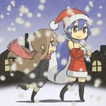  blue_hair brown_hair christmas hat long_hair multiple_girls open_mouth original sack sakichi_(gyro7msk) santa_costume santa_hat scarf smile snowing 