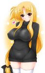  blonde_hair blue_eyes breasts fate_testarossa heart impossible_clothes impossible_sweater kannagi_tsukasa large_breasts long_hair looking_at_viewer low-tied_long_hair lyrical_nanoha mahou_shoujo_lyrical_nanoha mahou_shoujo_lyrical_nanoha_strikers red_eyes smile solo spoken_heart sweater thigh-highs thighhighs very_long_hair white_legwear 