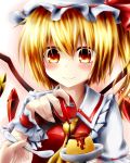  1girl akaikonomi blonde_hair blush bust colored_shadow flandre_scarlet hat hat_ribbon highres looking_at_viewer mob_cap pov pudding red_eyes ribbon short_hair short_sleeves side_ponytail simple_background smile solo spoon syrup touhou wings wrist_cuffs 