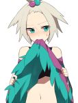  ayakasama blue_eyes blush forehead freckles gym_leader hair_bobbles hair_ornament homika_(pokemon) looking_away midriff navel pokemon pokemon_(game) pokemon_bw2 shirt shirt_lift solo striped striped_shirt topknot white_background white_hair 