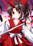  1girl bangs bow closed_mouth cowboy_shot eyebrows_visible_through_hair gradient gradient_background hair_bow highres holding holding_sword holding_weapon horns japanese_clothes kimono konngara_(touhou) long_sleeves looking_at_viewer oni_horns ponytail red_bow red_eyes red_horns red_kimono ruu_(tksymkw) short_hair single_horn smile solo sword touhou touhou_(pc-98) weapon wide_sleeves 