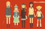  bag black_hair black_legwear blonde_hair blue_eyes coat double_bun dress fortress_(sekaiju) glasses gunner hair_ornament hairclip hat himukai_yuuji loose_socks paladin_(sekaiju) pantyhose princess_(sekaiju) scarf school_uniform sekaiju_no_meikyuu sekaiju_no_meikyuu_3 sekaiju_no_meikyuu_4 skirt socks sweater_vest swordsman_(sekaiju_4) tongue toque umbrella 