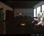  ascot black blurry copyright_notice dark depth_of_field fujiwara_no_mokou fuurin_(omaemona) indoors kamishirasawa_keine kiseru letterboxed multiple_girls pillow pipe sitting smoking snow touhou watermark window winter 