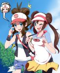  absurdres bag bare_shoulders baseball_cap blue_eyes blush breast_envy breasts brown_hair denim denim_shorts double_bun female female_protagonist_(pokemon_bw2) hat highres hotpants long_hair mei_(pokemon) multiple_girls nintendo open_mouth oriennto pantyhose pokemon pokemon_(game) pokemon_bw pokemon_bw2 ponytail raglan_sleeves shorts skirt small_breasts smile spoken_face tears touko_(pokemon) twintails vest visor_cap white_(pokemon) wink 