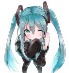 aqua_eyes aqua_hair bad_id bare_shoulders black_legwear black_skirt blush covering_mouth detached_sleeves finished foreshortening from_above hair_between_eyes hair_ornament hand_on_knee hand_over_mouth hatsune_miku leaning_forward light_smile long_hair long_ponytail looking_at_viewer looking_up pantyhose pleated_skirt ponytail s@ki_kilisawa scrunchie simple_background skirt skirt_set sleeves_past_wrists smile solo standing twintails very_long_hair vocaloid white_background wing_collar wink 