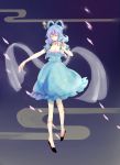  1girl absurdres blue_background blue_hair breasts cleavage closed_eyes collarbone dress eyelashes hair_ornament hair_rings hair_stick highres kaku_seiga leg_ribbon minato710 outstretched_arm shawl short_hair simple_background solo touhou vest 