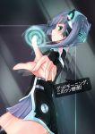  apple_inc. ass female green_eyes highres iphone looking_at_viewer mascot personification phone pointing pointing_at_viewer purple_hair reflection satou_kuuki siri skirt solo standing text thigh-highs thighhighs translated twintails zettai_ryouiki 