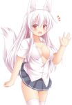  animal_ears blush breasts cleavage long_hair open_mouth original red_eyes silver_hair simple_background skirt smile solo tail waving white_background white_legwear wolf_ears wolf_tail yuu_(yu0221f) 