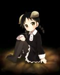  ahoge akita_(akitaland_gothic) akitaland_gothic black_hair black_legwear blush braid brown_eyes child dress horns kito kito_(sorahate) looking_at_viewer pantyhose short_hair sitting solo twin_braids 