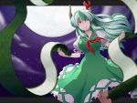  breasts cloud clouds dress ex-keine full_moon green_hair grin horn kamishirasawa_keine large_breasts letterboxed long_hair moon multicolored_hair night red_eyes ribbon scroll sky smile solo star_(sky) starry_sky touhou zeroemon 