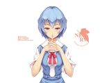 ayanami_rei blue_hair english finger_to_mouth flowinger hands_clasped logo neon_genesis_evangelion red_eyes school_uniform short_hair solo 