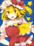  :d ascot bad_id blonde_hair blue_background face fes0308 flandre_scarlet frills looking_away open_mouth portrait red_eyes short_hair short_sleeves simple_background skirt skirt_set smile solo star touhou 
