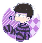  1boy ? black_eyes brown_hair checkered checkered_background long_sleeves looking_at_viewer male_focus matsuno_ichimatsu osomatsu-kun osomatsu-san purple_background short_hair simple_background sleeves_past_wrists solo striped striped_sweater sweater upper_body 