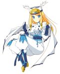  alternate_color alternate_hair_color blazblue blonde_hair blue_eyes blue_gloves blush boots breasts cape gloves hat hoshi_(ho4_no) smile taut_shirt tsubaki_yayoi white_background winged_hat 