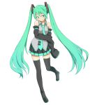  bare_shoulders boots detached_sleeves green_eyes green_hair hatsune_miku jaco long_hair necktie simple_background skirt sleeves_past_wrists solo thigh-highs thigh_boots thighhighs twintails very_long_hair vocaloid white_background 