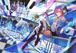  1girl blue_eyes boots chandelier checkered checkered_floor crescent_moon elbow_gloves exit_tunes flower fuji_choko glass gloves headphones holding instrument microphone moon musical_note original pink_hair revision ripples sitting sky solo star_(sky) starry_sky thigh-highs thigh_boots thighhighs trumpet unicorn violin 