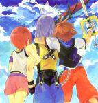  2boys arm_around_neck arm_hug armband bare_shoulders belt black_gloves brown_hair cloud clouds crown drawr fingerless_gloves from_behind gloves jacket kairi keyblade kingdom_hearts kingdom_hearts_i multiple_boys ramochi_(auti) red_hair redhead riku short_hair short_sleeves silver_hair skirt sky sleeveless sora_(kingdom_hearts) white_gloves 