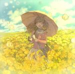  :d ^_^ bad_id bag blurry blush brown_hair bubble closed_eyes cloud depth_of_field eyes_closed flower_field flower_request happy holding marigold open_mouth original parasol pon_(cielo) shade skirt sky smile solo teeth umbrella water_drop wind winter_cress yellow 