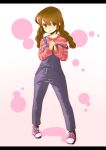  braid breasts brown_hair hands_together jewelry large_breasts no_nose original overalls ring shoes sneakers strap_slip striped striped_sweater sweater tooru0908 twin_braids violet_eyes 