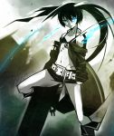  92kuni92 belt black_hair black_rock_shooter black_rock_shooter_(character) blue_eyes flame highres midriff navel scar shorts solo stitches twintails 