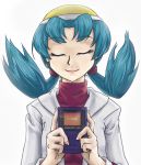  1girl blue_hair c-sui closed_eyes crystal_(pokemon) game_boy game_boy_color pokemon pokemon_(game) pokemon_gsc simple_background solo twintails 