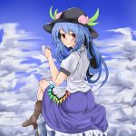 blue_hair blush boots cloud clouds crossed_legs cup food from_behind fruit hat highres hinanawi_tenshi kiyomasa_f legs_crossed long_hair looking_at_viewer looking_back peach red_eyes sitting skirt sky smile solo teacup touhou