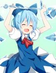  arms_up ascot blue_hair bow cirno closed_eyes dress eyes_closed hair_bow ice open_mouth solo taicho128 touhou wings 