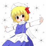  :o apron armband blonde_hair blush_stickers cosplay fang hair_ribbon hat iruru5666 letty_whiterock letty_whiterock_(cosplay) long_sleeves looking_at_viewer open_hand open_mouth outstretched_arms red_eyes ribbon rumia scarf shirt short_hair simple_background skirt snowflakes solo touhou vest white_background 