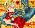  antlers bird chiku_(07152033) chiku_(gesu) dragon dragon_girl fish green_hair horns japanese_clothes kimono koi leg_garter original pointy_ears thigh_garter whiskers yellow_eyes 