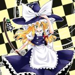  blonde_hair broom checkered checkered_background doll green_eyes hand_on_hat hat highres kirisame_marisa long_hair magic_circle nibi smile solo touhou tsurime witch witch_hat 